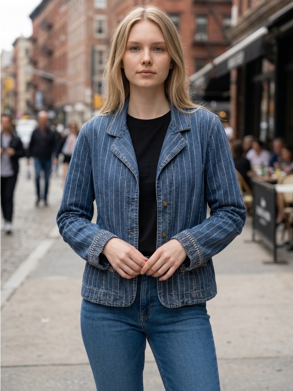Chico’s Striped Denim Blazer Women’s Size 12 / M Jean Jacket Roll Up Sleeves